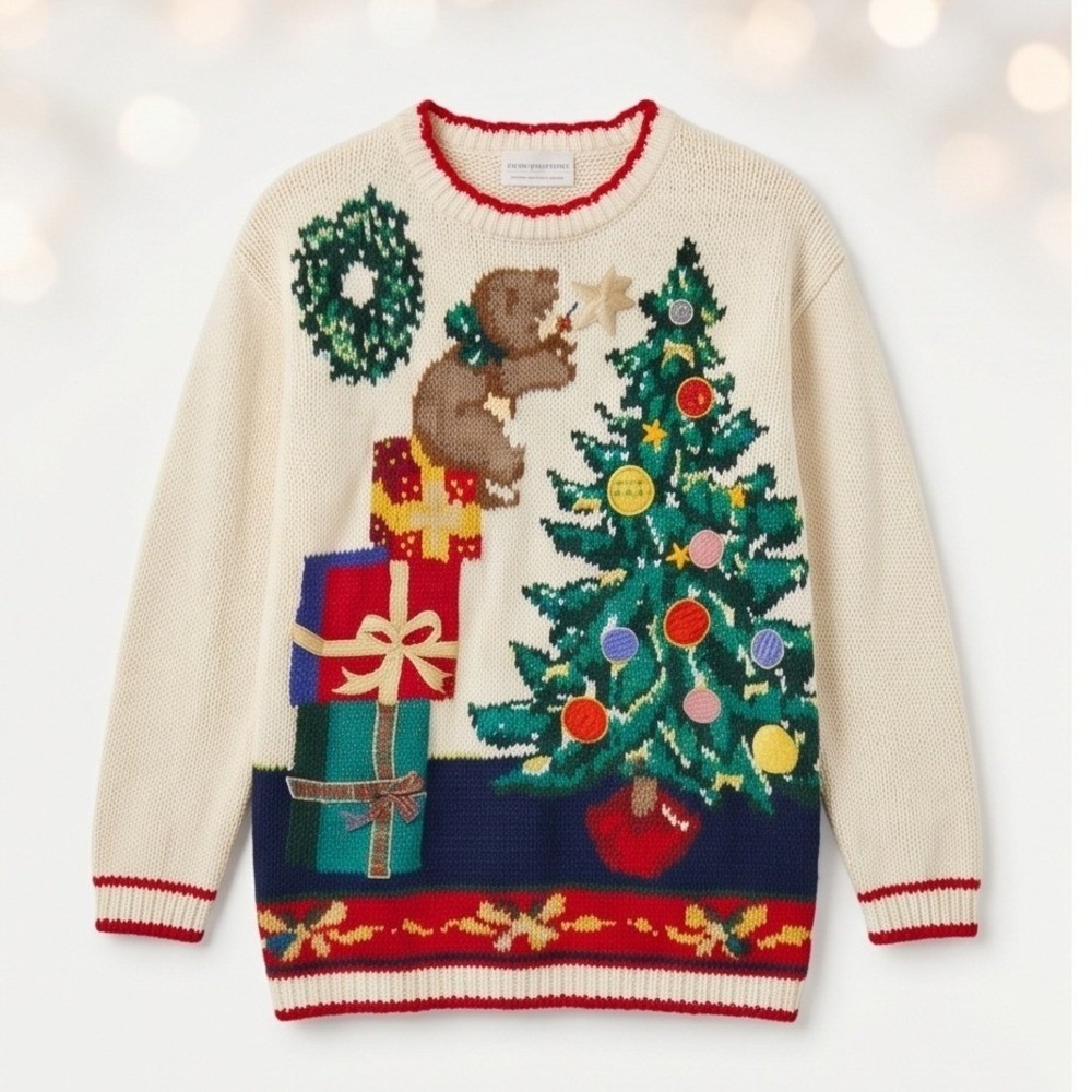 Casual Corner L Vintage 80s Ugly Christmas Sweater Bear‎ Tree Ramie Cotton Wool